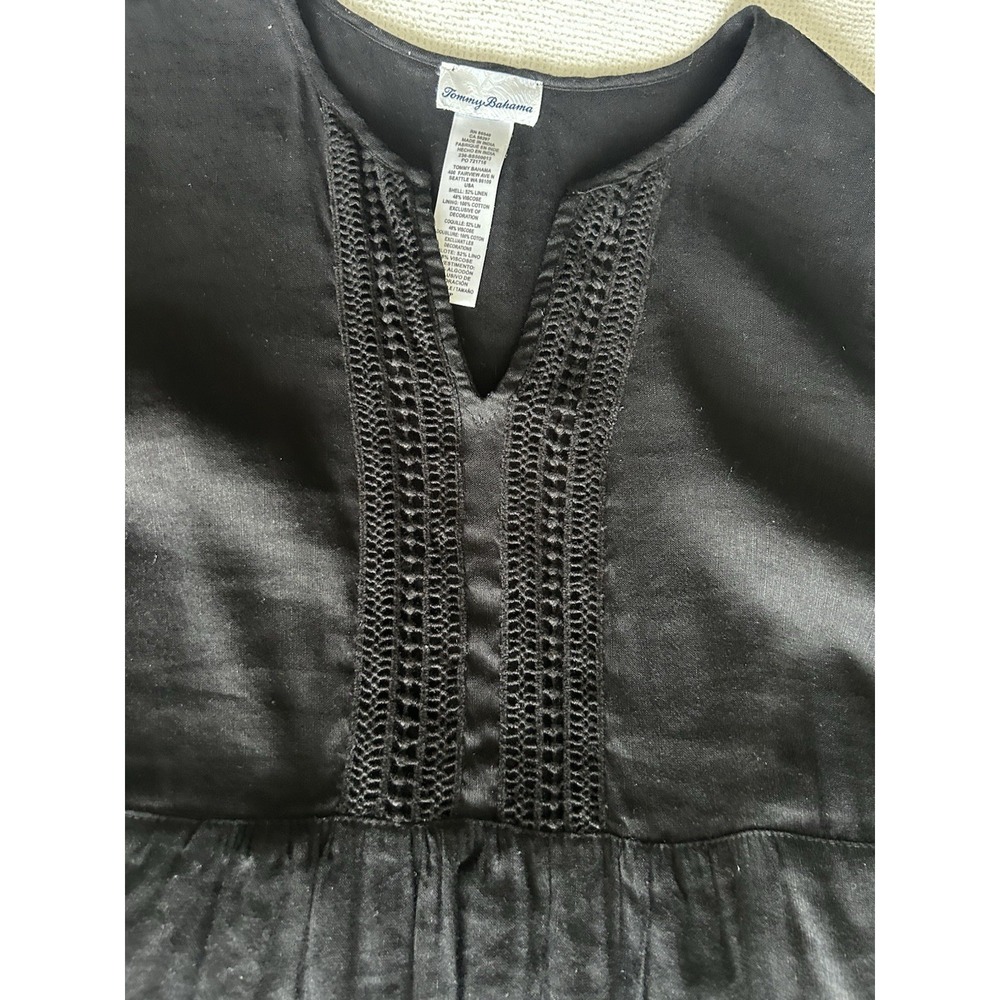 Tommy Bahama St Lucia Split V Neck Black Long Sleeve Eyelet Linen Dress Sz Small - Picture 5 of 7
